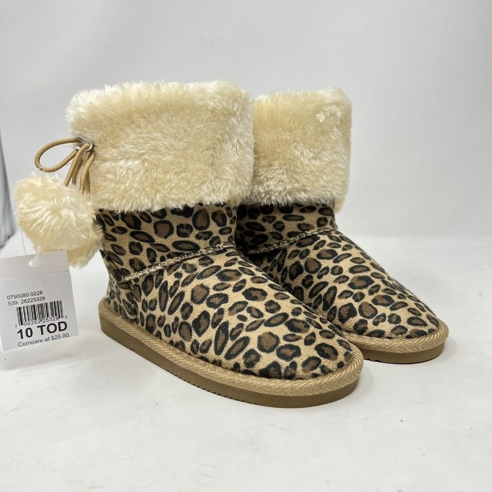 Girls Leopard Boots Faux Sherpa Lining & Pom Poms US Sports Size 10 Toddler‎ NWT